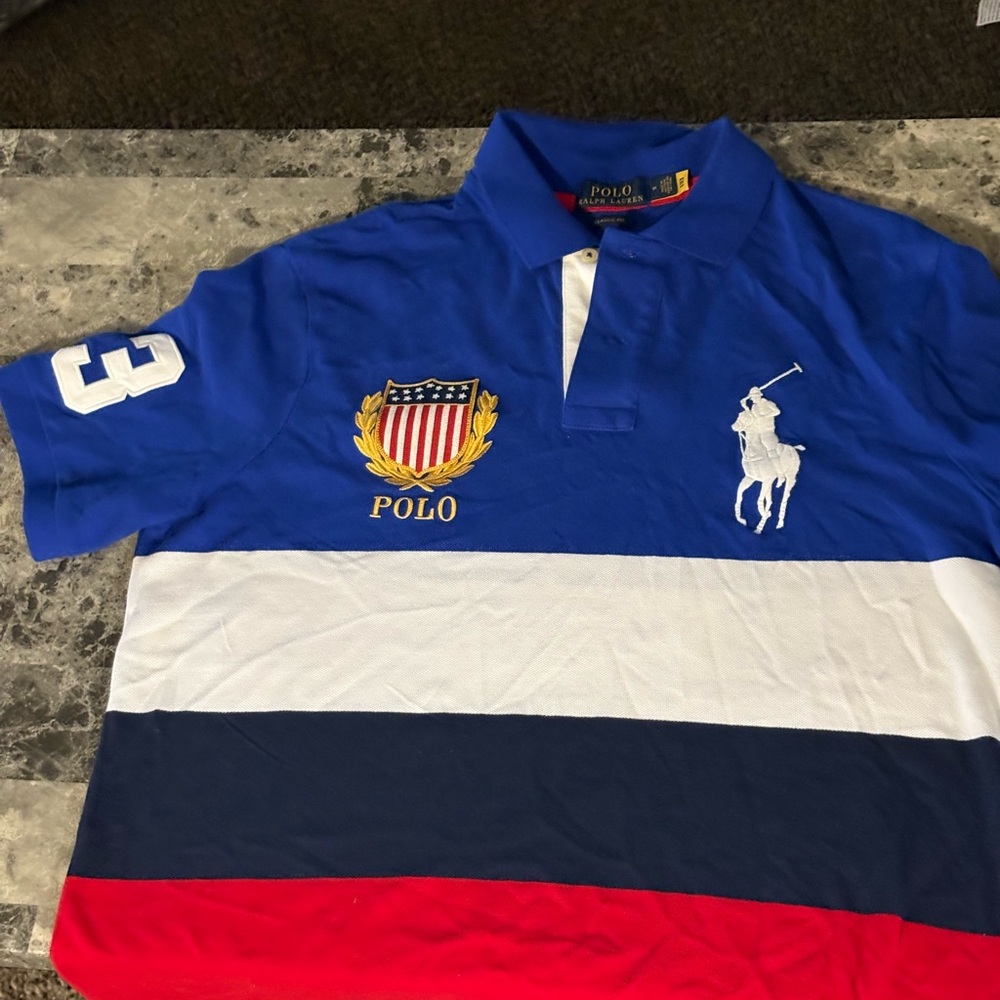 Polo by Ralph Lauren Blue and White Striped Polo Shirt with Crest